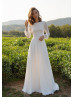 Long Sleeve Ivory Lace Chiffon V Back Wedding Dress